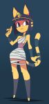  1girl absurdres animal_crossing animal_ears ankha_(animal_crossing) artist_name bandages bangs bare_shoulders barefoot blue_background blue_eyes blue_fur blue_hair blunt_bangs blunt_ends bob_cut body_fur breasts cat_ears cat_girl cat_tail circlet closed_mouth collarbone commentary dress egyptian egyptian_clothes english_commentary eyeliner full_body furry gradient_eyes grey_dress hair_ornament hand_up highres jewelry makeup making-of_available medium_breasts miss_zi_zi multicolored multicolored_eyes naked_bandage neck_ring no_feet no_nose purple_eyes purple_hair short_dress short_hair signature simple_background snake_hair_ornament solo standing striped_tail tail two-tone_fur underboob watermark yellow_fur 