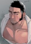  1boy bara bare_pecs black_hair blush bursting_pecs buzz_cut chest_hair collarbone facial_hair golden_kamuy hairy highres large_pectorals looking_at_viewer male_focus mature_male muscular muscular_male nipples nzo_(oishii_pie) open_clothes open_shirt pectoral_focus pectorals shirt short_hair sideburns solo stubble sweatdrop tanigaki_genjirou thick_eyebrows upper_body very_short_hair white_shirt 