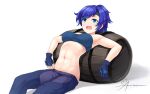  1girl abs aposine armpits bandeau bangs bare_shoulders barrel black_headband blue_eyes blue_gloves blue_hair blue_tubetop blush borrowed_character breasts chaps commission cowboy_shot english_commentary exhausted eyebrows_visible_through_hair fingerless_gloves gloves grey_shorts groin headband leaning_back leaning_on_object looking_up medium_breasts midriff navel open_mouth original shadow short_hair shorts sidelocks signature simple_background sitting solo strapless sweat swept_bangs taut_clothes tied_hair tubetop white_background 