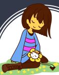  1other androgynous bangs blue_shirt boots brown_footwear brown_hair brown_pants closed_eyes closed_mouth colored_skin commentary_request cross-laced_footwear eyebrows_visible_through_hair flower flowey_(undertale) frisk_(undertale) full_body grass hand_on_another&#039;s_head happy lap_pillow muguet pants shirt short_hair sitting sleeping sleeves_past_wrists smile striped striped_shirt two-tone_background undertale wariza yellow_flower yellow_skin 