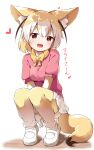  1girl :d animal_ear_fluff animal_ears bangs between_legs blush bow breasts brown_eyes brown_hair brown_legwear eyebrows_visible_through_hair fennec_(kemono_friends) fox_ears fox_girl fox_tail full_body hair_between_eyes hand_between_legs heart highres kemono_friends makuran medium_breasts multicolored_hair open_mouth pink_sweater pleated_skirt puffy_short_sleeves puffy_sleeves shoes short_sleeves skirt smile solo squatting sweater tail thighhighs translated two-tone_hair white_background white_footwear white_hair white_skirt yellow_bow 