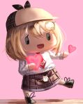  1girl :d =d absurdres blonde_hair chibi dayshiart deerstalker hair_ornament hat heart highres hololive hololive_english monocle_hair_ornament necktie open_mouth pink_hair plaid plaid_skirt pocket_watch simple_background skirt smile solo valentine virtual_youtuber walfie_(style) watch watson_amelia 