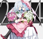  2girls alternate_costume bat_wings black_footwear blue_hair bouquet bow closed_eyes commentary_request daisy dress flower flower_request foot_out_of_frame green_bow hair_bow hair_ribbon hat high_heels izayoi_sakuya long_hair looking_at_another mob_cap multiple_girls pantyhose pink_dress pink_flower profile red_eyes red_footwear remilia_scarlet ribbon sakuraba_yuuki side_braids silver_hair touhou tress_ribbon valentine white_flower wings yuri |d 