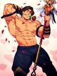  1boy abs arm_behind_head bara biceps black_pants brown_hair bulge cu_chulainn_(smite) flower head_tilt holding holding_spear holding_weapon large_pectorals legs_apart male_focus mature_male muscular muscular_male navel nipples original pants petals polearm reward_available rose shirtless short_hair smile smite solo spear stomach thick_thighs thighs valentine weapon xelgot 