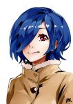  1girl absurdres bangs blue_hair breasts brown_coat coat fur_trim hair_over_one_eye highres kirishima_touka looking_at_viewer mk_(lazymk) red_eyes shiny shiny_hair short_hair simple_background solo tokyo_ghoul tokyo_ghoul:re upper_body white_background 