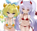  +_+ 2girls bangs bare_shoulders bikini blonde_hair blue_eyes blue_hair blush bombergirl breasts cleavage collarbone demon_girl demon_horns demon_tail demon_wings grenade_hair_ornament grim_aloe grin highres horns large_breasts leaning_forward long_hair looking_at_viewer multicolored_hair multiple_girls panties pine_(bombergirl) red_bikini red_eyes red_horns red_tail red_wings shimejinameko short_hair simple_background smile swimsuit symbol-shaped_pupils tail twintails two-tone_hair underwear white_hair wings yellow_bikini yellow_pupils 