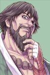  1boy aoki_masahiko bangs beads beard brown_eyes brown_hair chin_stroking collarbone commentary_request facial_hair fingerless_gloves gloves green_background hakama hand_up highres japanese_clothes kusanagi_saishu looking_at_viewer male_focus mustache prayer_beads red_gloves short_hair simple_background smirk solo the_king_of_fighters upper_body 
