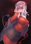  1girl absurdres black_horns black_jacket black_tail blazer demon_girl demon_horns demon_tail glowing glowing_eyes heart heart_eyes helltaker highres horns jacket long_hair modeus_(helltaker) ohako_(ohako1818) pantyhose red_eyes red_legwear red_sweater red_theme ribbed_sweater shaded_face sweater tail undressing white_hair 
