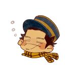  1boy black_hair blush brown_hair chibi cropped_shoulders golden_kamuy hat highres imperial_japanese_army kepi kotta_(pesan102) male_focus military_hat scar scar_on_face scar_on_nose scarf short_hair simple_background sleeping solo spiked_hair sugimoto_saichi white_background yellow_scarf 