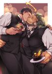  2boys animal_ears bara beard black_hair black_pants blush bulge cake chest_hair chocolate_cake collared_shirt couple facial_hair feet_out_of_frame food formal furry green_hair halo hand_on_another&#039;s_shoulder highres holding holding_plate husband_and_husband interspecies kiss large_pectorals lion_boy lion_ears male_focus mature_male multicolored_hair multiple_boys muscular muscular_male pants plate shirt short_hair sitting sitting_on_lap sitting_on_person stubble thick_thighs thighs tokyo_houkago_summoners two-tone_hair valentine white_shirt yaoi yellow_eyes youzora_samo18 zabaniya_(tokyo_houkago_summoners) 