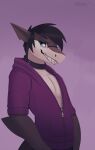  2017 alexander_wedlin anthro biped black_body black_hair blue_eyes clothed clothing collar countershade_face countershading english_text eyewear fish glasses grin hair hi_res hoodie itswolven jacket male marine multicolored_body pink_background purple_clothing purple_jacket purple_topwear shark shark_teeth signature simple_background smile solo teeth text topwear white_body 