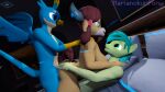  anthro avian bed female friendship_is_magic furniture gallus_(mlp) group group_sex gryphon hasbro hi_res looking_at_another male male/female marianokun my_little_pony mythological_avian mythology penetration sandbar_(mlp) sandwich_position sex threesome yona_(character) yona_yak 