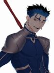  armor beads blue_hair bodysuit cu_chulainn_(fate)_(all) earrings fangs fate/stay_night fate_(series) gae_bolg_(fate) hair_beads hair_ornament highres htkym_1003 jewelry lancer long_hair looking_at_viewer male_focus muscular muscular_male open_mouth pauldrons pectorals ponytail red_eyes shoulder_armor simple_background skin_tight slit_pupils smile solo spiked_hair white_background 