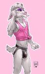  anthro bovid caprine clothed clothing crossdressing girly goat hi_res jockstrap lion21 lipstick makeup male mammal shirt simple_background solo tank_top topwear underwear yagi_b. 