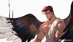  1boy abs amo9612 angel_wings bara closed_eyes facial_hair large_pectorals male_focus muscular muscular_male nipples nude original pectorals short_hair sideburns signature solo stomach stubble towel wings 
