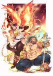  2boys abs action animal_ears arsalan_(tokyo_houkago_summoners) ass bara barefoot beard black_hair bulge chest_hair couple cross facial_hair fiery_wings fighting_stance fingernails fire full_body furry green_hair halo highres hip_vent interspecies large_pectorals lion_boy lion_ears lion_tail male_focus mature_male multicolored_hair multiple_boys muscular muscular_male nipples paws pelvic_curtain planted_sword planted_weapon sharp_fingernails shirtless short_hair squatting stomach stubble sword tail thick_thighs thighs tokyo_houkago_summoners two-tone_hair weapon yellow_eyes youzora_samo18 zabaniya_(tokyo_houkago_summoners) 