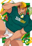  1boy absol_(dkqthf) arrow_(symbol) backwards_hat baguette bara baseball_cap bread bulge covered_nipples cup_ramen dutch_angle egg english_text erection erection_under_clothes food food_in_mouth green_eyes green_shirt hat large_pectorals lettuce male_focus mature_male midriff_peek muscular muscular_male onion orange_hair original personification recycling_symbol sandwich shirt short_hair shorts sideburns smile solo spread_legs subway_(company) thick_thighs thighs tomato veins white_shorts 