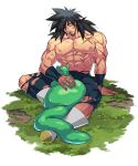  1boy abs animal bara broly_(dragon_ball_super) bruise bruise_on_face bulge cat cuts dragon_ball dragon_ball_super dragon_ball_super_broly drooling full_body green_fur highres injury large_pectorals male_focus medium_hair muscular muscular_male navel nipples pants scar scar_on_cheek scar_on_chest scar_on_face shirtless sitting skin_tight sleeping sleeping_upright solo stomach thick_thighs thighs torawar torn_clothes torn_pants 