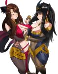  2girls absurdres bangs bare_shoulders black_hair bodystocking bodysuit bracelet breasts brown_hair choker circlet cleavage cleavage_cutout clothing_cutout detached_sleeves dorothea_arnault fire_emblem fire_emblem:_three_houses fire_emblem_awakening fire_emblem_heroes green_eyes hair_ornament highres hime_cut jewelry large_breasts loincloth long_hair multiple_girls okaimikey pantyhose purple_eyes sash simple_background skin_tight stomach stomach_cutout tharja_(fire_emblem) tiara white_background 