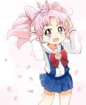  1girl :d animal animal_on_head arms_up bangs bishoujo_senshi_sailor_moon blue_skirt blush bow bowtie cat cat_on_head chibi_usa commentary_request diana_(sailor_moon) earrings eyebrows_visible_through_hair falling_petals floating_hair happy jewelry long_sleeves looking_up nmemoton on_head open_mouth parted_bangs petals pink_eyes pink_hair pleated_skirt red_bow red_neckwear sailor_collar school_uniform serafuku simple_background skirt smile standing stud_earrings suspender_skirt suspenders two_side_up white_sailor_collar wind 