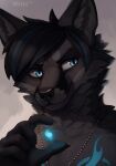 2017 absurd_res black_body black_fur black_hair black_nose blue_eyes blue_highlights canid canine claws energy_ball english_text eyebrows fox fur hair hi_res highlights_(coloring) inner_ear_fluff itswolven jewelry kili_(stolenmadwolf) male mammal neck_tuft necklace signature simple_background solo text tuft white_background 