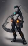  2017 absurd_res anthro biped black_hair claws countershade_face countershade_torso countershading cybernetic_arm cybernetic_limb cybernetics cyborg english_text fish grey_background grey_body grin hair hi_res highlights_(coloring) itswolven machine male marine misha_(wynand) muscular muscular_anthro muscular_male navel shark shark_tail shark_teeth signature simple_background smile solo teal_eyes teal_highlights teeth text white_body 