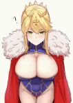  1girl ? artoria_pendragon_(all) artoria_pendragon_(lancer)_(fate) bangs blonde_hair blue_leotard blush breasts cape cleavage cleavage_cutout clothing_cutout covered_navel crown eyebrows_visible_through_hair fate/grand_order fate_(series) green_eyes groin highres large_breasts leotard looking_at_viewer okuma707 sidelocks solo thighs white_background 