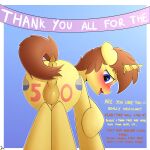  absurd_res anus balls blue_eyes blush brown_hair butt cutie_mark equid equine feral fur genitals h3nger hair hasbro hi_res horn horse male mammal my_little_pony nude open_mouth perineum pony shy solo text unicorn yellow_body yellow_fur 