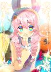  +_+ animal_ears bangs blue_eyes blurry blurry_background blush braid bunny_ears carrot_hair_ornament commentary_request depth_of_field doll_joints dollcakes dress eyebrows_visible_through_hair food_themed_hair_ornament hair_between_eyes hair_ornament hand_up indie_virtual_youtuber joints kouu_hiyoyo long_hair long_sleeves looking_at_viewer open_mouth pink_hair puffy_long_sleeves puffy_sleeves twin_braids upper_teeth virtual_youtuber yellow_dress 