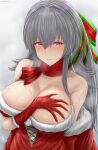  1girl archstreal artist_name azur_lane bare_shoulders blush breasts christmas cleavage closed_eyes cross cross_earrings earrings eyebrows_visible_through_hair gloves grey_background grey_hair hair_ribbon hand_on_own_chest highres jewelry large_breasts long_hair looking_at_viewer purple_eyes red_gloves red_scarf ribbon saint-louis_(azur_lane) santa_costume santa_dress santa_gloves scarf solo sweat 