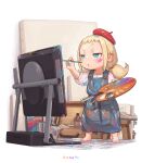  1girl artist_name barefoot beret blonde_hair blue_eyes bottle canvas_(object) child half-closed_eyes hat highres holding holding_paintbrush long_hair original paint_splatter paintbrush painting palette red_headwear solo standing wide_shot yu_kozato 