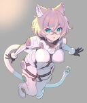  1girl absurdres animal_ear_fluff animal_ears black_gloves blue_eyes bob_cut bodysuit breasts cat_ears cat_tail enkyo_yuuichirou floating full_body gloves grey_background grey_hair highres large_breasts looking_at_viewer mechanical_tail medium_hair original parted_lips pince-nez simple_background slit_pupils solo tail white_bodysuit 
