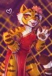  &lt;3 2020 4_fingers absurd_res anthro claws clothing digital_media_(artwork) dimwitdog dreamworks dress felid female fingers flower fur gesture hand_on_hip hi_res kung_fu_panda mammal master_tigress multicolored_body multicolored_fur open_mouth pantherine plant solo standing tiger waving 