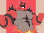  5_fingers anthro black_body black_fur fingers fur green_eyes grin hi_res incineroar male muscular muscular_anthro muscular_male nintendo pecs pok&eacute;mon pok&eacute;mon_(species) red_body red_fur sharp_teeth smile solo teeth tkckid video_games 