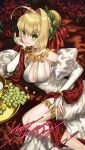  1girl ahoge blonde_hair breasts bridal_gauntlets choker cleavage dated dress elbow_gloves eyebrows_visible_through_hair fate/extra fate_(series) fingerless_gloves flower food fruit gloves grapes green_eyes hair_bun hair_intakes head_rest highres huichenx jewelry large_breasts looking_at_viewer necklace nero_claudius_(fate) nero_claudius_(fate)_(all) parted_lips rose smile solo thighlet weibo_username white_dress white_gloves wreath 