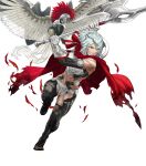  1girl abs animal armor axe bare_shoulders battle_axe bird breastplate cape clenched_teeth dagr_(fire_emblem) fire_emblem fire_emblem_heroes full_body gloves headpiece highres holding holding_weapon kozaki_yuusuke leg_up light_blue_hair lips looking_away midriff muscular muscular_female official_art one_eye_closed open_toe_shoes parted_lips red_cape short_hair silver_eyes solo sweat sweatdrop teeth toes torn_cape torn_clothes transparent_background weapon wings 