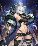  1girl ainezu animal_ears breasts collar_tug evertale gloves highres long_hair midriff official_art ponytail promotional_art red_eyes sheer_clothes short_shorts shorts solo_focus sword thighhighs very_long_hair weapon white_hair zettai_ryouiki 