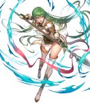  1girl arm_guards armor bangs belt boots breastplate brown_belt closed_mouth dress elbow_gloves erinys_(fire_emblem) fingerless_gloves fire_emblem fire_emblem:_genealogy_of_the_holy_war fire_emblem_heroes full_body gloves green_eyes green_gloves green_hair highres holding holding_weapon kakage long_hair official_art open_mouth polearm shiny shiny_hair short_dress shoulder_armor sleeveless spear thigh_boots thighhighs thighs transparent_background weapon white_dress white_footwear zettai_ryouiki 
