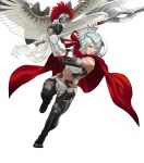  1girl abs animal armor axe bare_shoulders battle_axe bird breastplate cape dagr_(fire_emblem) fire_emblem fire_emblem_heroes full_body gloves headpiece highres holding holding_weapon kozaki_yuusuke leg_up light_blue_hair lips looking_away midriff muscular muscular_female official_art open_toe_shoes parted_lips red_cape short_hair silver_eyes solo toes transparent_background weapon wings 