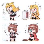  &gt;_&lt; 2girls =_= ahoge bangs black_legwear black_serafuku black_skirt blanket blonde_hair braid brown_hair chibi closed_eyes cold cup drinking hair_flaps hair_ornament heater holding holding_cup kantai_collection kneehighs leaf long_hair multiple_girls multiple_views open_mouth pleated_skirt poipoi_purin red_neckwear remodel_(kantai_collection) sailor_collar scarf school_uniform serafuku shigure_(kancolle) simple_background single_braid sitting skirt standing white_background white_scarf wind yuudachi_(kancolle) 