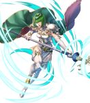  1girl armor belt black_legwear boots breastplate dithorba_(fire_emblem) dress elbow_gloves fire_emblem fire_emblem:_genealogy_of_the_holy_war fire_emblem_heroes full_body gloves gold_trim green_eyes green_hair high_heels highres holding holding_weapon leg_up official_art open_mouth polearm shiny shiny_hair short_dress short_hair shoulder_armor sleeveless solo spear thigh_boots thighhighs thighs transparent_background turtleneck weapon white_dress white_footwear white_gloves yoneko_okome99 zettai_ryouiki 