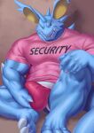  adios anthro blue_body bulge clothing hi_res horn jockstrap male muscular muscular_anthro muscular_male nidoking nintendo pink_clothing pink_shirt pink_topwear pok&eacute;mon pok&eacute;mon_(species) shiny_pok&eacute;mon shirt solo text text_on_clothing text_on_shirt text_on_topwear topwear underwear video_games 