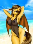  3:4 absurd_res anthro areola areola_slip ashimaroo bat_pony bat_wings beach big_breasts breasts clothed clothing equid equine eyewear fan_character female genitals glasses hands_behind_head hasbro hi_res hotkey_(oc) hybrid looking_at_viewer mammal membrane_(anatomy) membranous_wings my_little_pony navel nipple_tape nude one-piece_swimsuit outside pasties pussy sea seaside solo standing swimwear tape thick_thighs through translucent translucent_clothing translucent_swimwear water wide_hips wings 