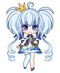  1girl ahoge back_bow bangs bare_shoulders blue_eyes blue_flower blue_footwear blue_hair blue_legwear blue_neckwear blue_ribbon blue_rose bow bowtie closed_mouth commentary_request corset crown detached_collar dress drill_hair eyebrows_visible_through_hair flat_chest flower full_body hair_ribbon hand_on_own_chest hand_up happy heart heart_in_eye heterochromia knees_together_feet_apart long_hair looking_at_viewer mini_crown muguet original purple_eyes ribbon rose shoes short_dress simple_background single_thighhigh smile solo standing straight-on strapless strapless_dress symbol_in_eye thighhighs tied_hair tilted_headwear twin_drills twintails very_long_hair white_background wrist_cuffs yellow_headwear 