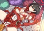  1girl :o animal_ears arm_under_breasts bangs bed black_hair blue_archive blush breasts closed_eyes elbow_gloves floral_print gloves hair_between_eyes halo huge_breasts on_bed open_mouth pelvic_curtain pillow red_gloves red_sailor_collar sailor_collar short_hair sleeping solo spread_legs tajima_ryuushi tassel tsubaki_(blue_archive) underboob 