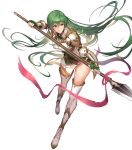  1girl arm_guards armor bangs belt boots breastplate brown_belt closed_mouth dress elbow_gloves erinys_(fire_emblem) fingerless_gloves fire_emblem fire_emblem:_genealogy_of_the_holy_war fire_emblem_heroes full_body gloves green_eyes green_gloves green_hair highres holding holding_weapon kakage long_hair looking_away official_art polearm shiny shiny_hair short_dress shoulder_armor sleeveless spear thigh_boots thighhighs thighs transparent_background weapon white_dress white_footwear zettai_ryouiki 