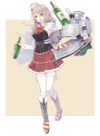  1girl alcohol arm_up armpit_cutout bangs boots bottle breasts brown_eyes clothing_cutout colis frilled_skirt frills grey_hair hair_between_eyes hat highres holding holding_bottle kantai_collection knee_boots long_hair long_sleeves medium_breasts mini_hat open_mouth pola_(kancolle) red_neckwear red_skirt rigging simple_background skirt solo thighhighs two-tone_background wavy_hair white_legwear 