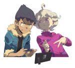  2boys ahoge anger_vein angry bangs bede_(pokemon) black_hair black_shirt blonde_hair closed_mouth coat commentary controller curly_hair dark_skin dark_skinned_male e_volution fur-trimmed_jacket fur_trim holding holding_controller hop_(pokemon) jacket long_sleeves male_focus multiple_boys nintendo_switch playing_games pokemon pokemon_(game) pokemon_swsh purple_coat raised_eyebrows shirt short_hair sleeves_past_elbows smug v yellow_eyes 