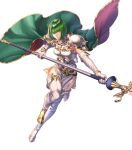  1girl armor belt black_legwear boots breastplate closed_mouth dithorba_(fire_emblem) dress elbow_gloves fire_emblem fire_emblem:_genealogy_of_the_holy_war fire_emblem_heroes full_body gloves gold_trim green_eyes green_hair high_heels highres holding holding_weapon leg_up official_art polearm shiny shiny_hair shiny_skin short_dress short_hair shoulder_armor sleeveless solo spear thigh_boots thighhighs thighs transparent_background turtleneck weapon white_dress white_footwear white_gloves yoneko_okome99 zettai_ryouiki 