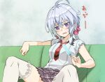  1girl ahoge bangs collared_shirt eyebrows_visible_through_hair food frilled_legwear grey_background grey_skirt hair_between_eyes hair_ornament holding long_hair miniskirt necktie open_mouth plaid plaid_skirt popsicle purple_eyes red_neckwear senki_zesshou_symphogear shiny shiny_hair shirt short_sleeves silver_hair sitting skirt solo sweatdrop thighhighs ueyasu white_legwear white_shirt wing_collar yukine_chris zettai_ryouiki 